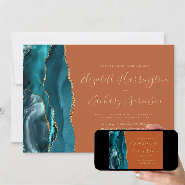 Modern Teal Gold Agate Burnt Orange Wedding Invitation Zazzle