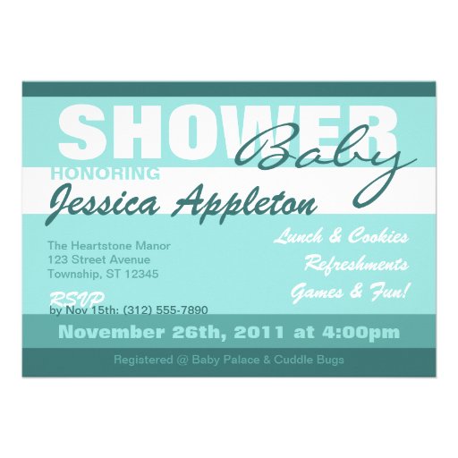 Modern Teal Stripe Baby Shower Invitations (front side)