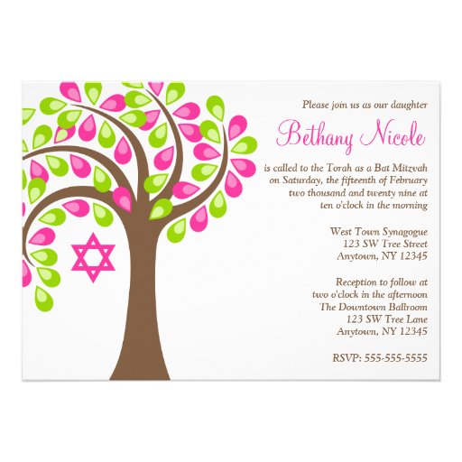 Modern Tree of Life Pink Green Bat Mitzvah Custom Announcement (front side)