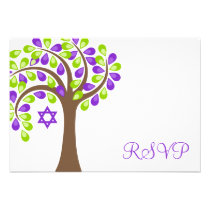 Modern Tree of Life Purple Green Bat Mitzvah RSVP Personalized Invitations