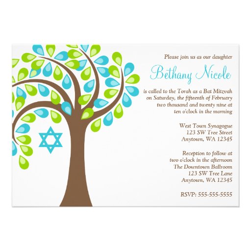 Modern Tree of Life Teal Blue Green Bat Mitzvah Invite (front side)