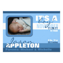 Modern Trendy Blue Boy Stripe Birth Announcements