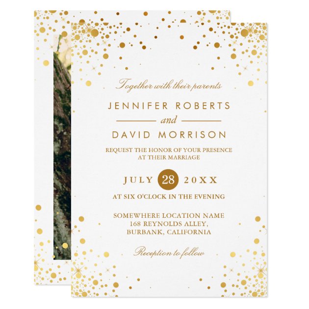 Modern Trendy Gold Confetti Dots Wedding Photo Card (front side)