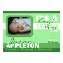Modern Trendy Green Boy Stripe Birth Announcements