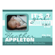 Modern Trendy Teal Girl Stripe Birth Announcements