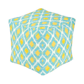Modern tribal ikat blue yellow fashion cube pouf