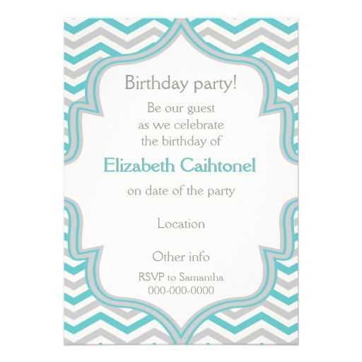 Modern turquoise, grey chevron birthday photo custom invitations