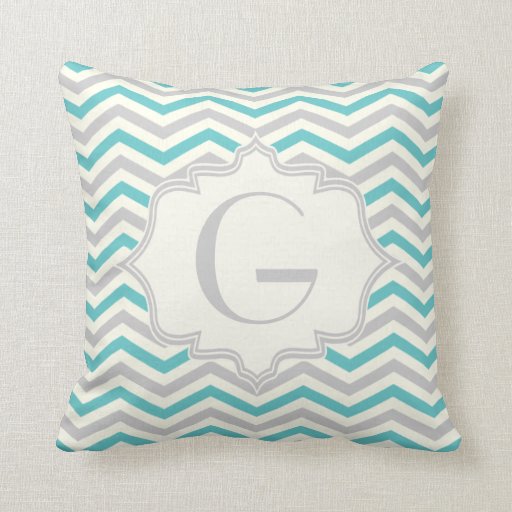 Modern turquoise, grey, ivory chevron pattern throw pillow Zazzle