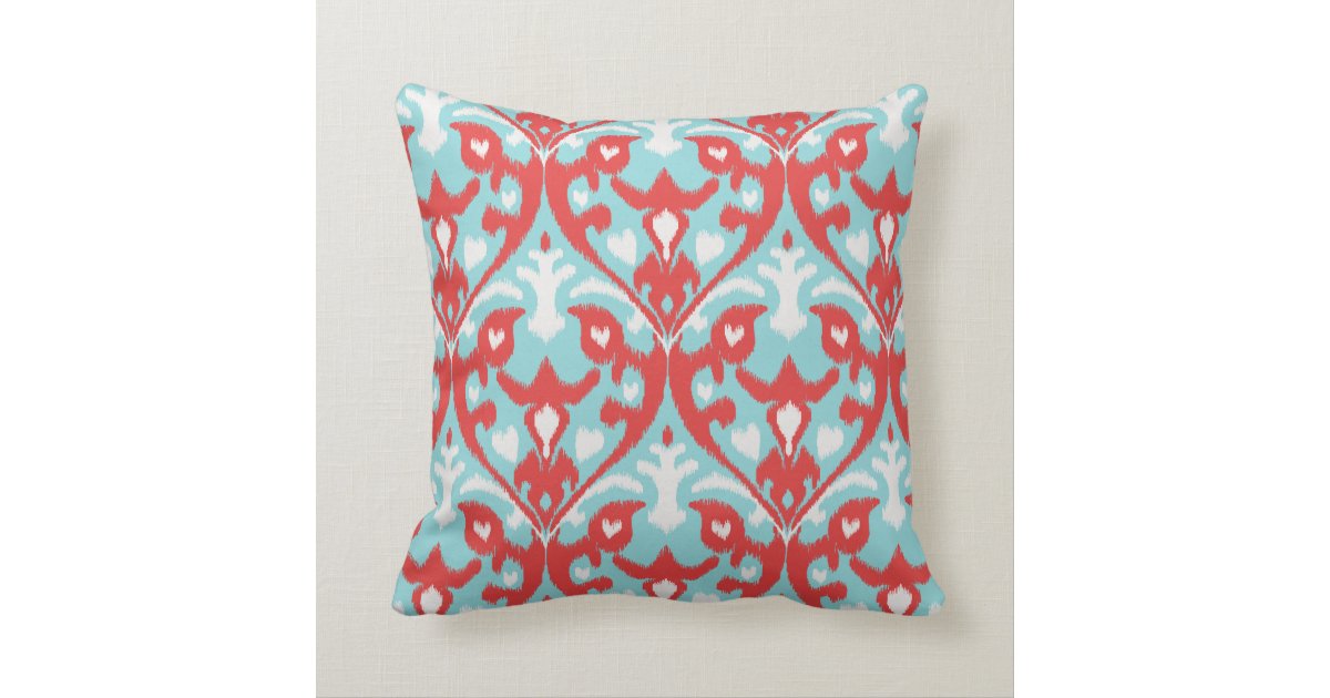 Modern turquoise red ikat tribal pattern monogram throw pillow Zazzle