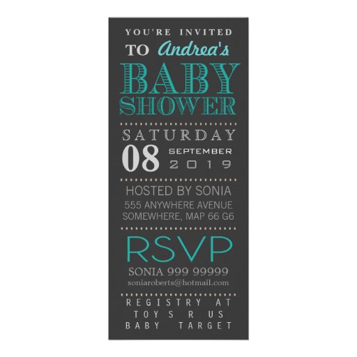 Modern Turquoise Typography Baby Shower Long Personalized Invite