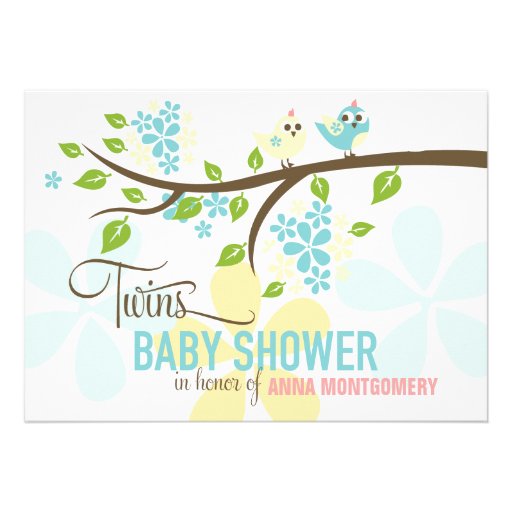 Modern Twins Boys Cute Birds & Flowers Baby Shower Custom Invite