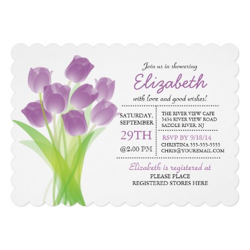 Modern typographic Purple Tulip Bridal Shower Custom Invitations