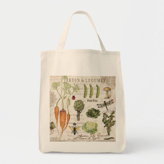 modern vintage french vegetable garden grocery tote bag
