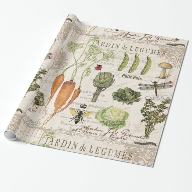 modern vintage french vegetable garden wrapping paper 1/4