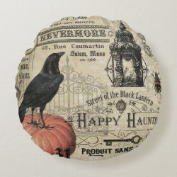Modern Vintage Halloween pumpkin and crow Round Pillow
