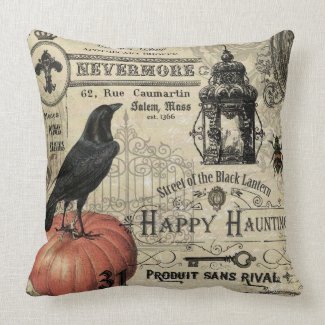 modern vintage halloween pumpkin and crow throw pillows