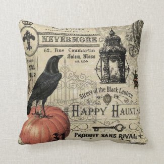 modern vintage halloween pumpkin and crow throw pillows
