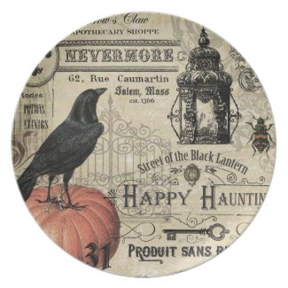 modern vintage halloween pumpkin and crow dinner plate