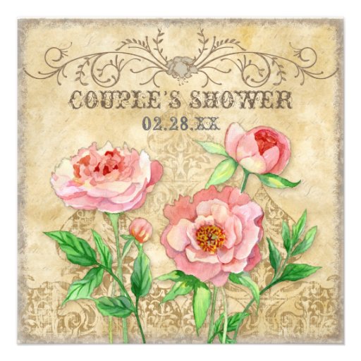 Modern Vintage Peony Floral Swirls Couple Shower Personalized Invites