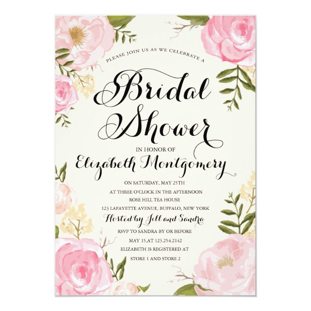 Modern Vintage Pink Floral Bridal Shower 5x7 Paper Invitation Card (front side)