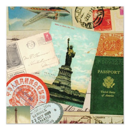 modern vintage travel collage personalized invites