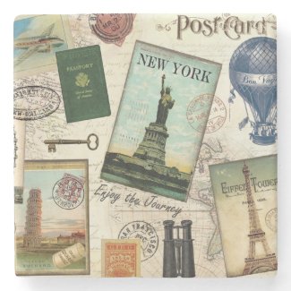 modern vintage travel collage stone beverage coaster