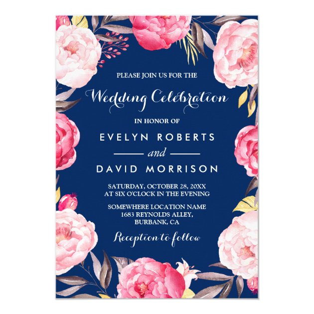 Modern Wedding Celebration Floral Wreath Navy Blue Card (front side)