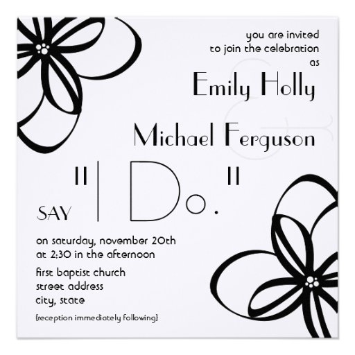 Modern Wedding Invite - Black & White With Flowers (front side)