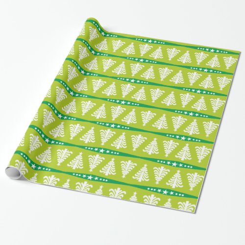 Modern White Christmas Trees Pattern On Green Wrapping Paper