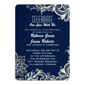 modern white lace pattern navy blue wedding 5x7 paper invitation card
