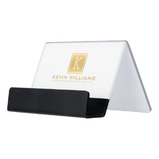 Modern White & Light Gold Geometric Accents. Desk Business Card Holder