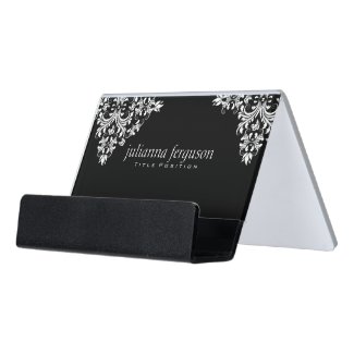 Modern White Swirls Over Black Background Desk Business Card Holder