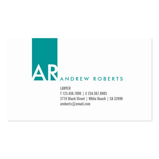 Modern White Turquoise Monogram Business Card (front side)