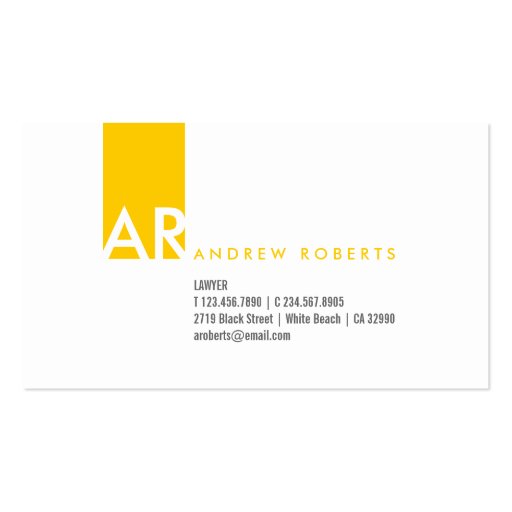 Modern White Yellow Monogram Business Card