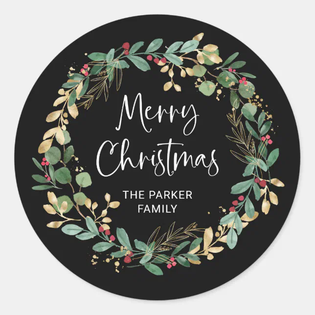 Modern Wreath And Script Merry Christmas Classic Round Sticker Zazzle