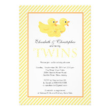 Modern Yellow Ducks Couple Twins Baby Shower Invitations