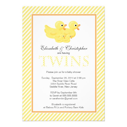 Modern Yellow Ducks Couple Twins Baby Shower Invitations (front side)