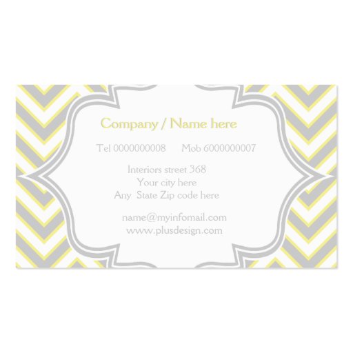 Modern yellow, grey chevron monogram personalized business card templates (back side)