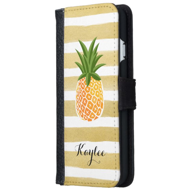 Modish Pineapple with Gold Stripes Monogram Name iPhone 6 Wallet Case