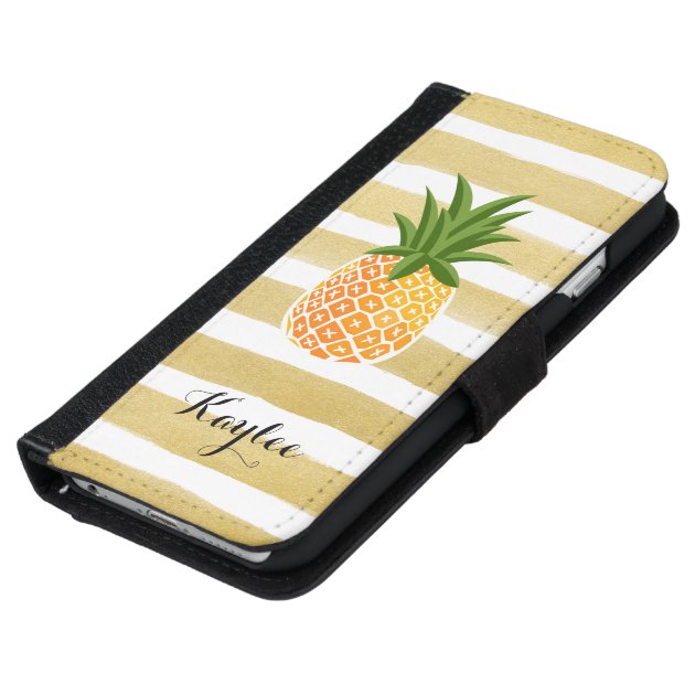 Modish Pineapple with Gold Stripes Monogram Name iPhone 6 Wallet Case-5