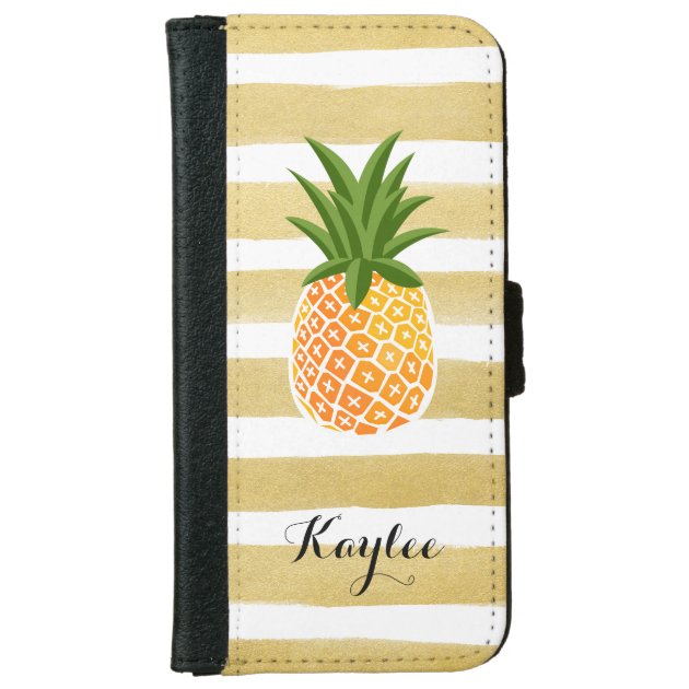 Modish Pineapple with Gold Stripes Monogram Name iPhone 6 Wallet Case