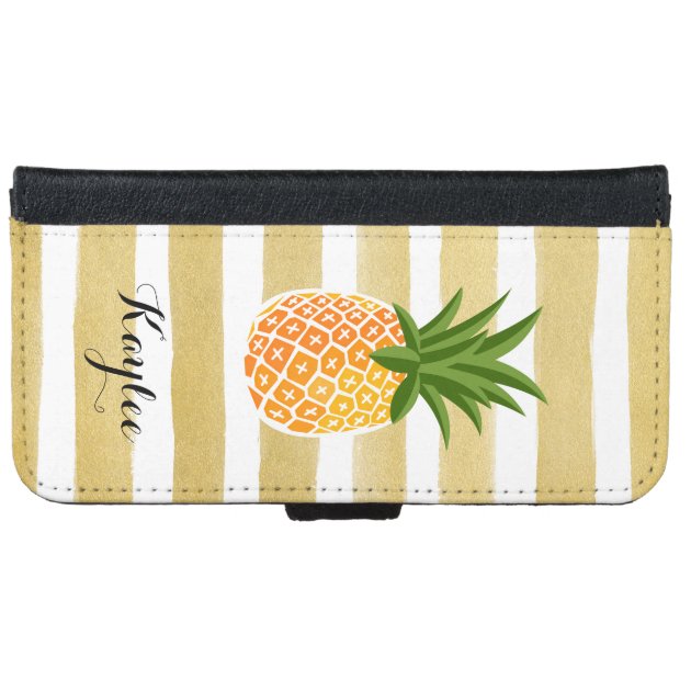 Modish Pineapple with Gold Stripes Monogram Name iPhone 6 Wallet Case-4