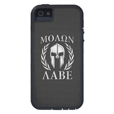 Molon Labe Chrome Spartan Helmet on Carbon Fiber iPhone 5 Covers