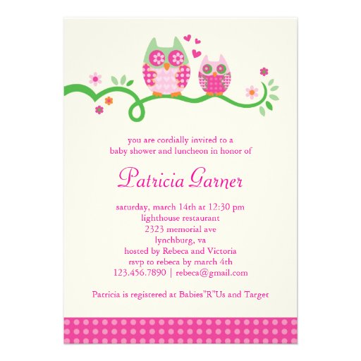Mom and Baby Owl Baby Girl Shower Invitation (front side)