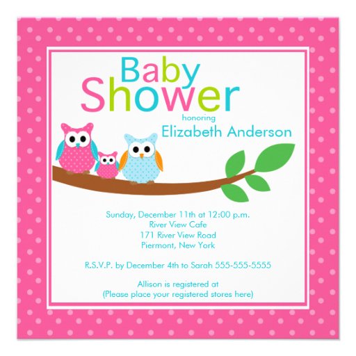 Mom & Dad Owls with Baby Owl Girl Baby Shower Invites