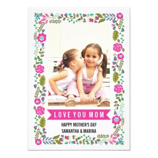 Mom, Happy Mothers Day aqua, hot pink floral photo Card