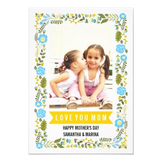 Mom, Happy Mothers Day aqua, yellow floral photo Card