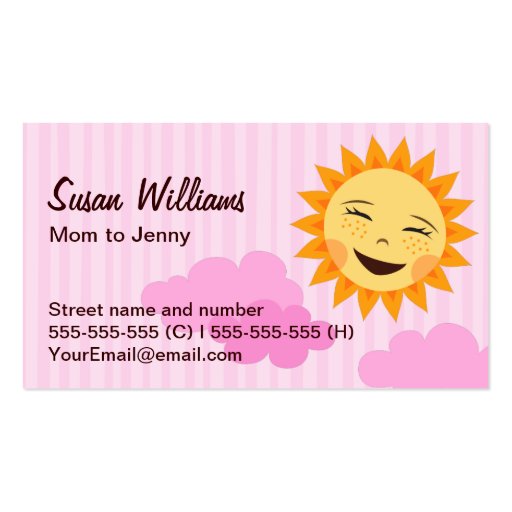 Mom/mommy calling card, pink with cute sun business card templates (front side)