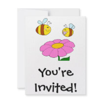 mommy and baby bee flying over flower cartoon personalized invite