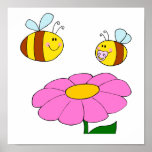 mommy and baby bee flying over flower cartoon posters